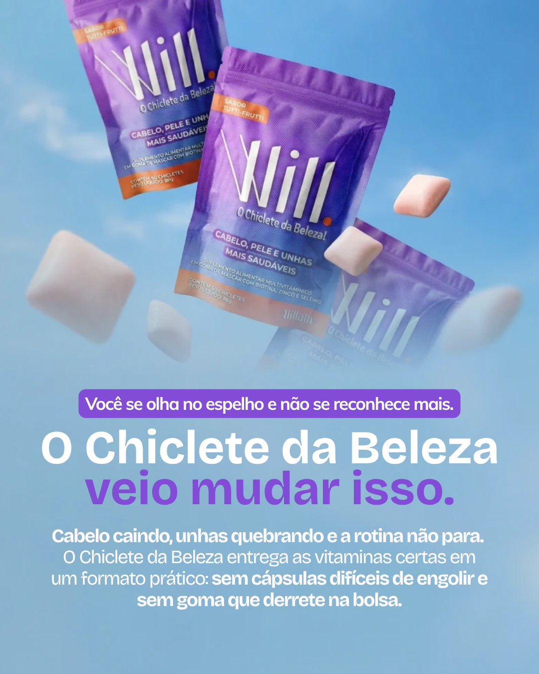 Chiclete da Beleza – Suplemento Multivitamíco para Cabelo, Pele e Unhas com Biotina, Zinco e Complexo Multivitamínicos