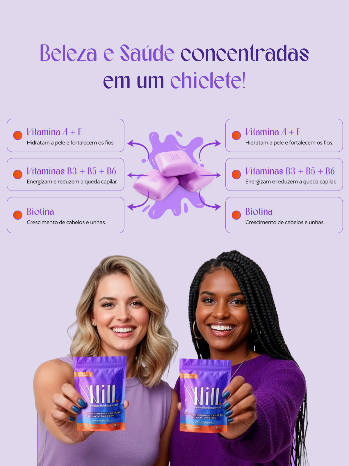 Chiclete da Beleza – Suplemento Multivitamíco para Cabelo, Pele e Unhas com Biotina, Zinco e Complexo Multivitamínicos
